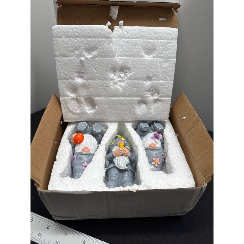 Set Of 3 Decorative Gnome Figurines With Flower Accents & Accessories - Picture 7 of 7